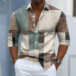 Men's retro plaid print long-sleeved shirt, button-down front for everyday wear, relaxed fit, business casual top.