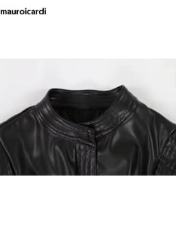 Mauroicardi Spring Short Black Soft Pu Leather Vest Women with Side Slit Sashes Stand Collar Luxury Chic Sleeveless Jacket 2025