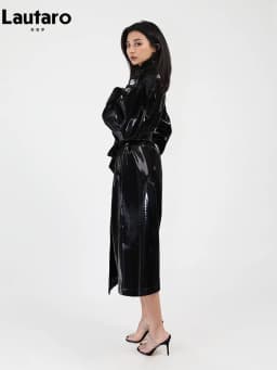 Lautaro Spring Autumn Long Shiny Reflective Patent Leather Trench Coat for Women Sashes Luxury Designer Runway European Fashion