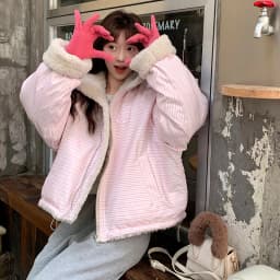 Korean Women's Reversible Striped Jacket Autumn Winter Stand Collar Fleece Lined Padded Coats Woman Loose Casual Plush Jackets