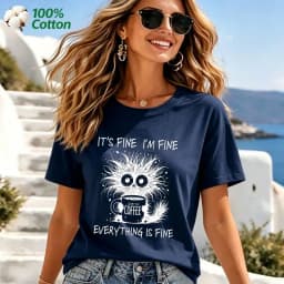 Women's It's Fine I'm Fine Everything Is Fine Cat Print T-Shirt 100% Cotton Funny Casual Short Sleeve Tee
