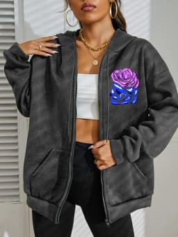 Cool Purple Creative Wings Rose Print Women Zipper Hoody Fashion Loose Sportswear Casual Fleece Hoodie Autumn Hip Hop Tracksuit