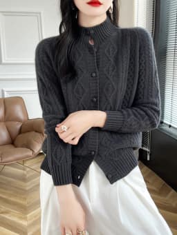 100% Wool Cashmere Cardigan Autumn Winter New Half High Collar Twist Coat High-End Knitwear Sweater Shirt Loose Women Thick Tops