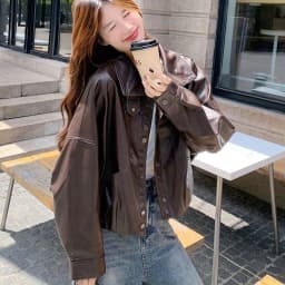 Women Faux Leather Jacket Stand Collar Snap Button Coat Oversized Drop Shoulder Bomber Y2K Retro Streetwear Autumn Outerwear Top