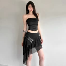 SylCue Mesh Patchwork Mini Skirts Women Elastic Waist Bandage Decoration Tierred Street Versatile Style Ruched Elegant Bottoms