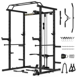 Multi-Function Power Cage with LAT Pulldown & Squat Rack, Heavy-Duty Steel Home Gym Strength Training with Pulley System, Custom