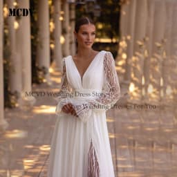 Chiffon Split Wedding Dresses For Bride Puff Sleeve V-Neck A-line Vestidos De Noiva Customized Backless Civil Bride Gowns Women