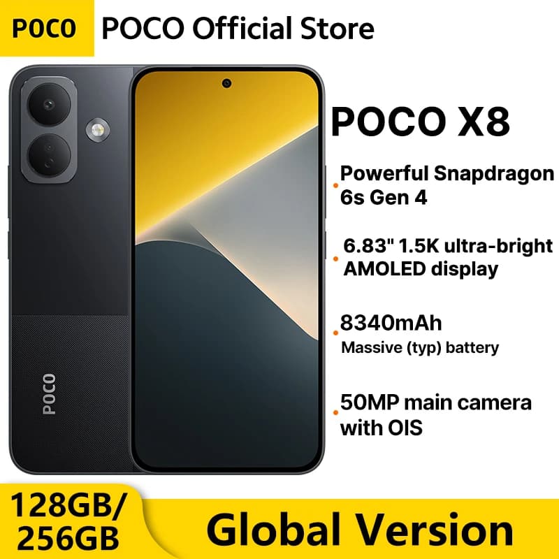 Global Version POCO X8 5G Smartphone 8340mAh battery 67W HyperCharge Snapdragon 6s Gen 4 50MP 6.83" 1.5K Display