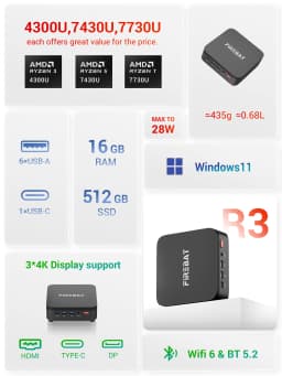 FIREBAT R3 MINI PC AMD Ryzen 5 7430U 6C/12T MAX 4.3GHz 16GB LPDDR4 RAM 512GB SSD WIFI6 BT5.2 Windows 11 Desktop Computer