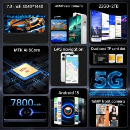 K-Touch I17 Pro Max Mobile Phones 7.3 Inch Smartphone Android 15 Cell Phone 22G+2TB 16+48MP Camera 5G Dual Card Dual Standby 7800mAh Face Unlocked Cellphones