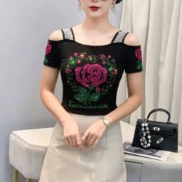 New Designer Hot Diamond Mesh T-Shirt Women Korean Style Sexy Off Shoulder Slim Tee Summer Casual Streetwear Tops