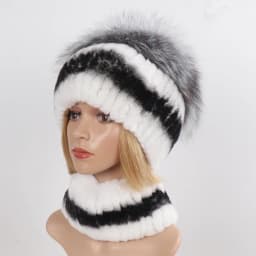 Women's Winter Warm Genuine Fur Hat Scarf Set Real Rex Rabbit Fur Cap with Silver Fox Scarves 2-Piece Natural Fashion Accessory