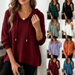 Women's New V Neck Henley Hooded Pullover Sweatshirt Drawstring Long Sleeve Loose Fit Trendy Casual Office Daily Wear Hoodie Top