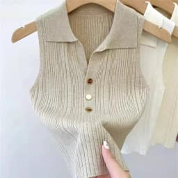 2026 Spring Summer Ice Silk Knit Sleeveless Tops Women's Polo Lapel Tank Tops Slim Versatile Camisole Vest