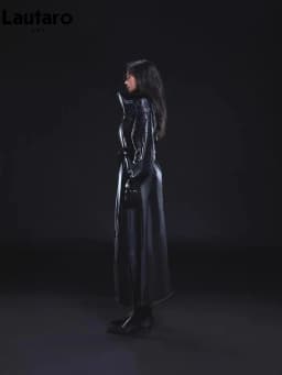 Lautaro Autumn Extra Long Oversized Pu Leather Trench Coat for Women with Double Side High Slit Luxury Designer Runway Fashion