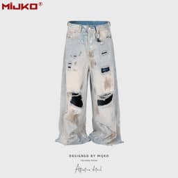 MIJKO Silhouette Floor Length Hole Patched Mud-Dyed Jeans ZJ063