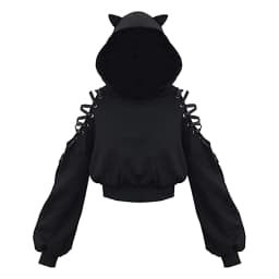 Combhasaki Women's Y2K 3D Cat Ear Hooded Pullover Tops Gothic Ribbon Lace-up Hollow Out Shoulder Long Sleeve Cropped Sweatshirts