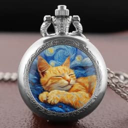 Sleep Cat Watch Black Quartz Pocket Watch Van Gogh's Art Vintage Accessory Women Necklace Pendant Clock Men Gifts for Cat Lover