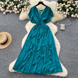 Elegant Criss-Cross chiffon short sleeve Vintage Chic Slim Ball Gown Dresses French Evening High Street Clothing