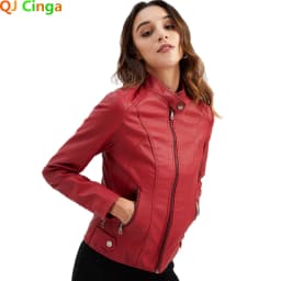 Women's Red PU Jacket, Vertical Collar Zipper Motorcycle Leather Coats, Fashion Casual Coat Female Outerwear, Black Purple Top.