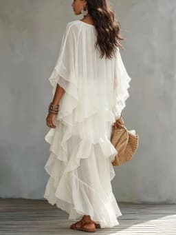 Vintage Flowy Solid Dress Women Round Neck See Through Batwing Sleeve Ruffle Hem Loose Dress New Casual Beach Holiday Maxi Dress