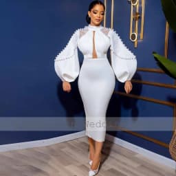 Customized Saudi Arabia Midi Wedding Dresses Jersey Sheath Wedding Party Dress White High Collar Pearls Lace Hall Wedding Dress