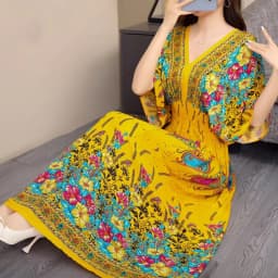 n Long Print Dr V-Ne Slimming Cotton Silk Beachwear Casual High Waist Summer Women's Loose Fit Overhead Dr