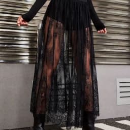 Sexy Lace See-through Half Skirt A-Line Long Evening Club Skirt Spring Summer Elastic mid Waist Nylon Fabric Hollow out Design