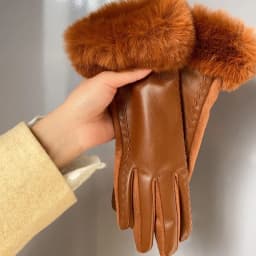 Women's Winter Luxury PU Leather Gloves Wrist Soft Faux Fur Trim Cuff Fashion Elegant Party Warm Touch Screen Drive Cycling