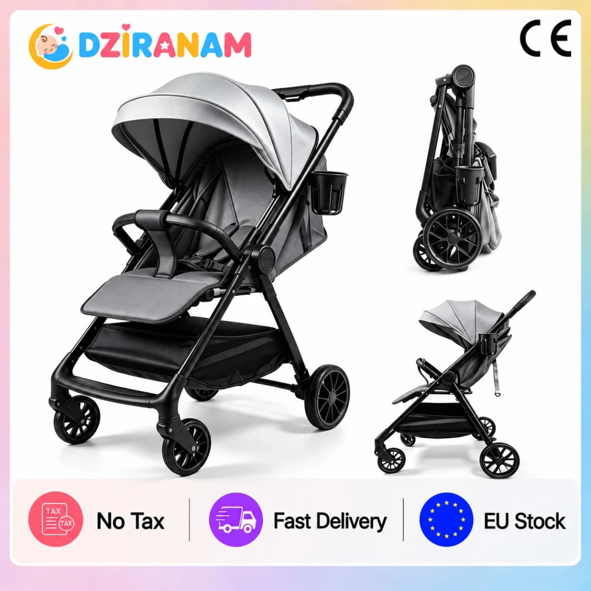 2 in 1 Foldable Stroller Compact Carbon Steel Frame 2 in 1 Baby Pushchair Lightweight Baby Stroller with Adjustable Footrest Breathable Canopy Rear Brakes and Compact Fold for Car Trunks Public Transport Daily Errands and Holidays