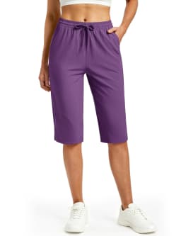 TACVASEN Womens Quick Dry Hiking Capris 4-Way Stretch Knee Length Pants Elastic Drawstring Waist Split Hem Cropped Trousers