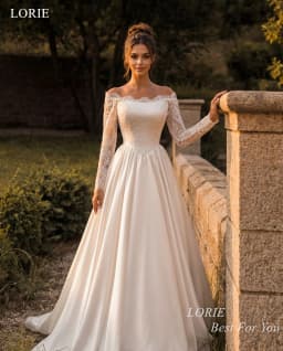 LORIE Exquisite Satin Wedding Dresses Off The Shoulder Lace Full Sleeves Bridal Dress A-Line Train Bride Prom Gowns Customized