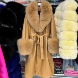 YOLOAgain Women's Detachable Fox Fur Collar Real Leather Jacket Long Navy Blue Jacket