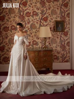 Julia Kui Custom Made Vintage Lace Satin 2 In 1 Mermaid Wedding Dresses Shiny Beaded Pearls Applique Beauty Trumpet Bridal Gowns