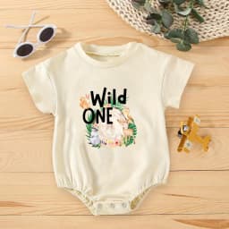Wild One Animal Printed Short Sleeve Bubble Romper Newborn Oversized Jumpsuit Infant Birthday Party Clothes Baby Shower Bodysuit