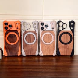 Aluminum Magnetic Wooden Case for iPhone 18 17 Pro Max 18 17 Pro Cover Walnut Real Wood Mag-safe Free Rotation Stand Shell