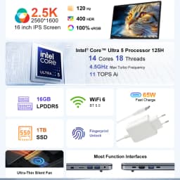 Ninkear Laptop 16 Inch 2.5K 120Hz Display, Intel Core Ultra 5 125H AI Laptop, 16GB DDR5 RAM 1TB SSD, WiFi 6 Bluetooth 5.2, Backlit Keyboard Fingerprint, Professional Laptop for Work Creation