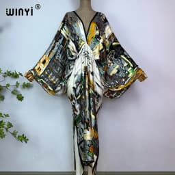 2023 WINYI Sexy Beach High-Quality Silk Feel Fashion Print Maxi Women's Robes Long V-Neck Bohemian Dress Party Evening Dress