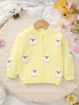Baby Girl Sheep-Patterned Long-Sleeved Single-Breasted Casual Woolen Cardigan, Cute Little Sheep Embroidery, Soft and Comfortable Fabric