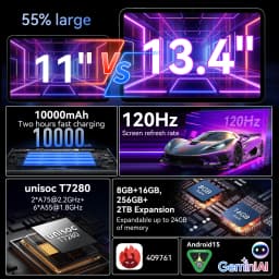 KINGRID T60 Pro Tablet Android 13.4" Android 15 Tablet PC, 120Hz Display, 24GB RAM + 256GB ROM, 10000mAh Battery, Octa-Core Gaming Tablet, 5G WiFi