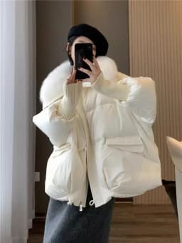 Women Winter New Fur Collar Puffer Down Parka Loose Down Warmer Thicken Snow Jacket Pocket Zipper Faux Fur Outerwear Female