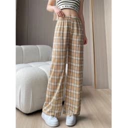 Afashion Lamb Velvet Fleece Lined Thick Plaid Casual Pants Women's Autumn Winter Loose Straight Leg Wide Leg Cotton Sleepwear Tr