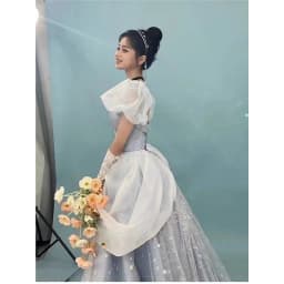 Blue Fairy T Princ Evening Gown with Bubble Sves Sparkling Long Ball Dr for Women Ele Lady's Par Dr