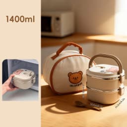 WORHTBUY Cute Square Insulated Food Container With Spoon Portable Large Capacity Stackable 304 Stainless Steel Lunch Box For Kid