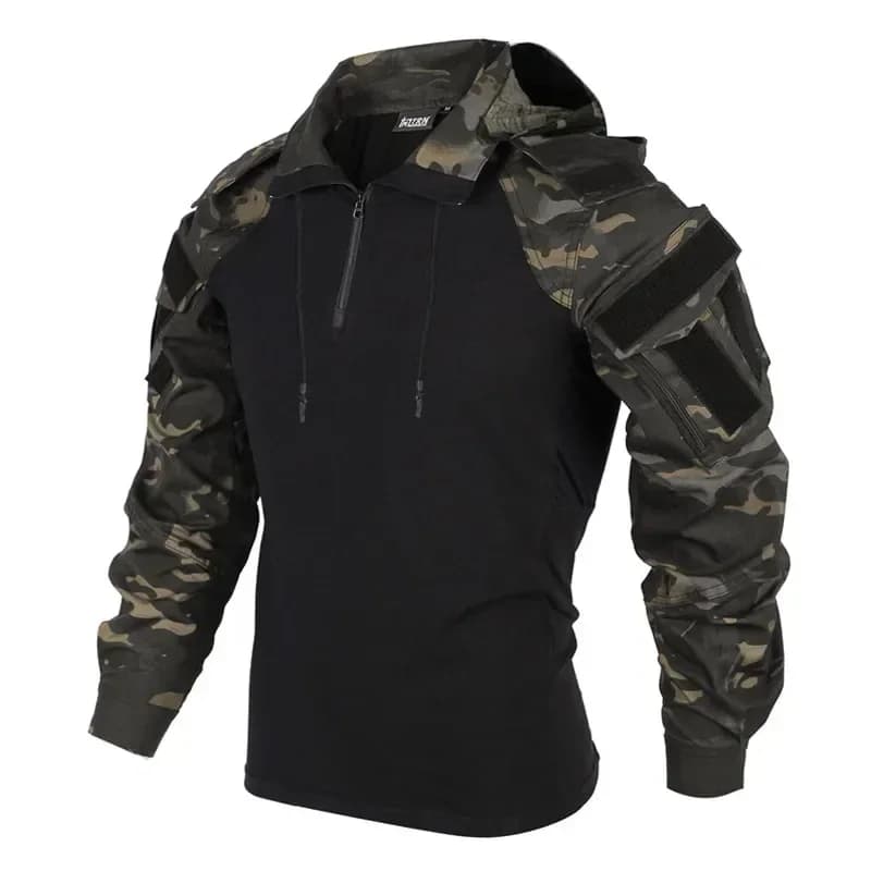 Tactical Shirts Camo Combat T-Shirt Hooded Men Shirt Wear Resistance Airsoft Paintball Camping Hunting Clothes Quick Dry Tops