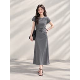 Slim Fit A-Line Midi Dress Women's Short Sleeve T-Shirt Dress High Waist Pleated Spring Summer Autumn Commute Style Casual Dress