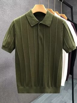 High-End Luxury Vertical Stripe Texture Short-Sleeved Polo Shirt Knitted Top for Men - Summer New Style Solid-Colored Collar Woo