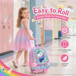 3PCS Rolling Backpack for Girls Kids Roller Wheels Bookbag with Lunch Bag Pink Unicorn Glow-in-the-dark Function