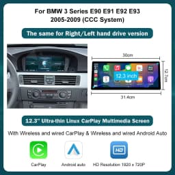 12.3" Ultra Thin Screen For BMW 5 Series E60 E61 3 Series E90 E91 E92 E93 CCC/CIC Wireless Carplay Car Multimedia Monitor Radio