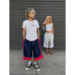 Retro Contrasting Bright Seven inch Mid Length Pants with Drawstring and Elastic Waistband, Wide Legs, Loose Fit Sports Shorts